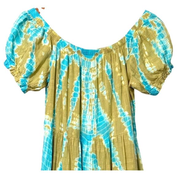 YFB Young Fabulous Broke Off Shoulder Tie Dye Maxi Dress Green Turquoise Size M - Picture 2 of 10